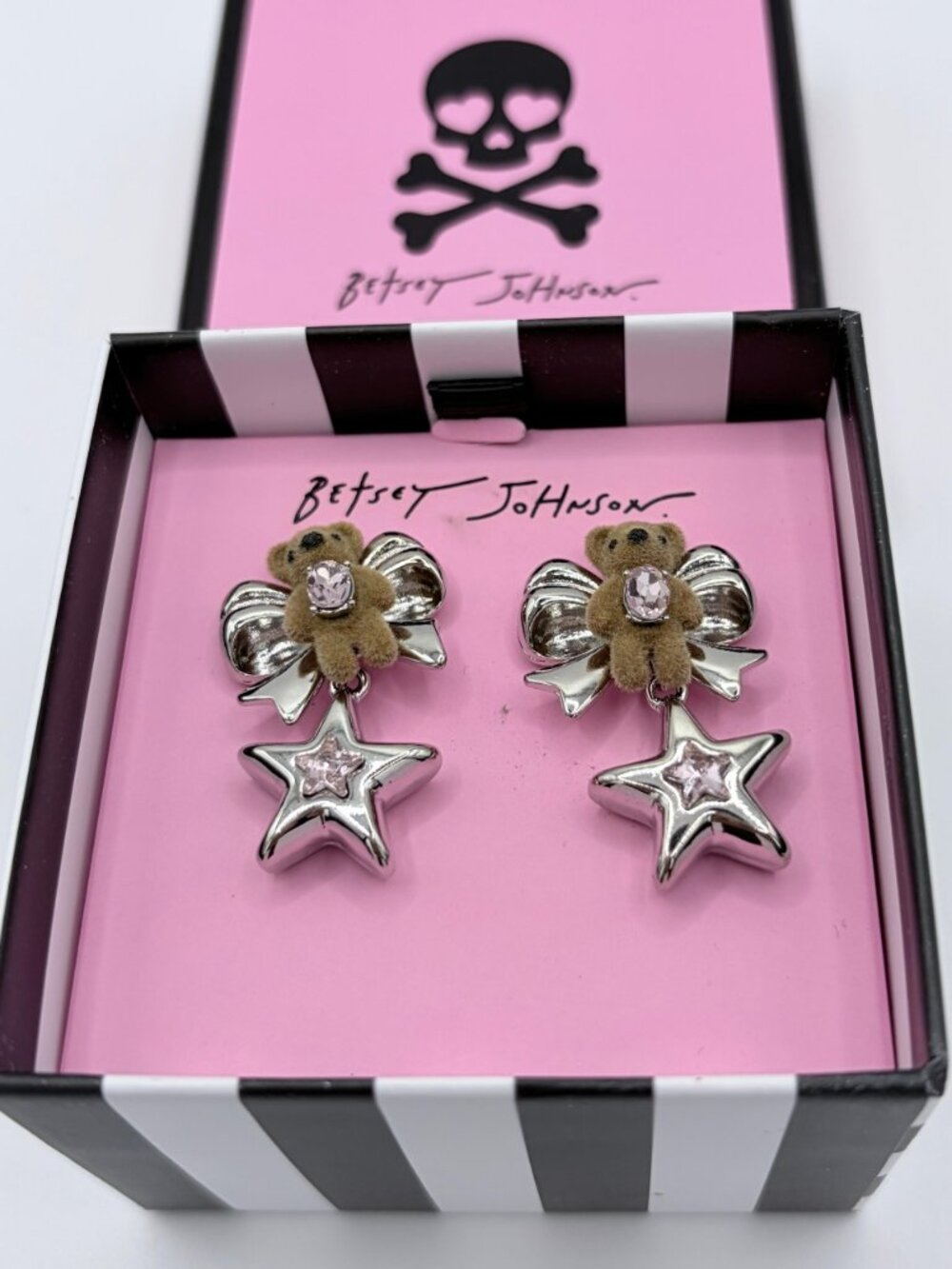 Betsey Johnson Felted Teddy Bear Star Drop Earrings Rhodium Plated Pink Crystal